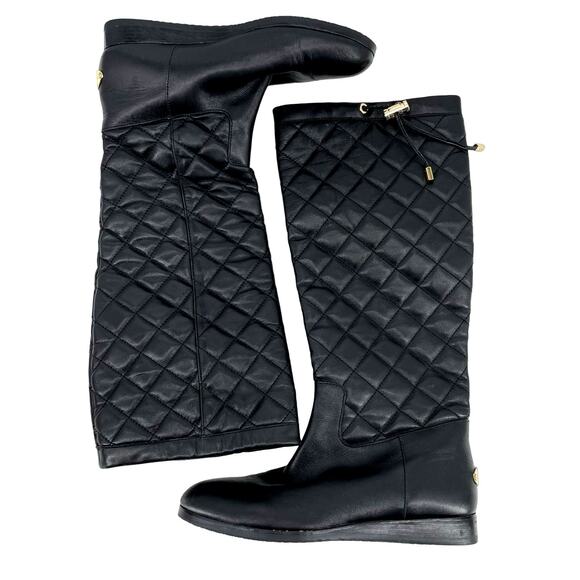 Michael Kors 6 Leather Boots Quilted Lizzie Flat Round Toe Black Wedge Heel - Picture 1 of 11
